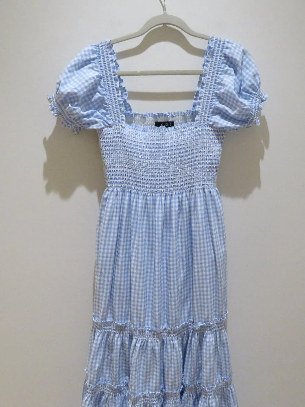 O.P.T Daphne Gingham Smocked Tiered Midi Dress Medium Trad Wife Cottagecore - Picture 4 of 16